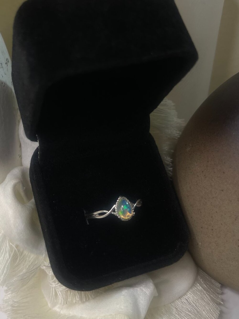 Ethiopian Welo Opal 925 Sterling Silver Ring Size 6 Pear Cabochon Rainbow Fire